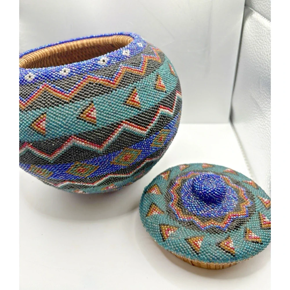 Indonesian Hand Beaded Woven Folk Art Blue Green Geometric Design Basket Lid 7